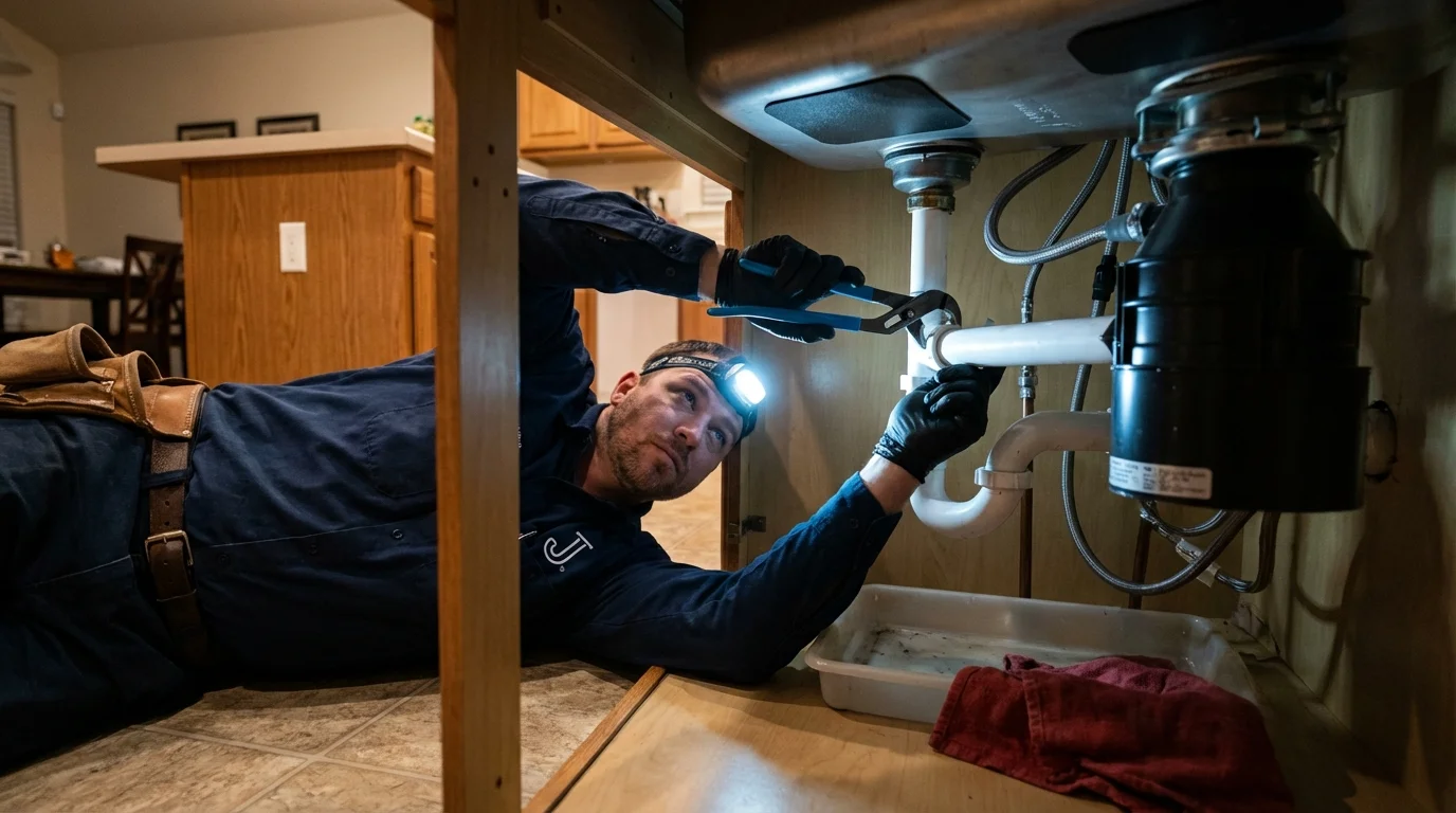 P-trap and supply line connections under a kitchen sink showing a common leak point in Wellsville, NY
